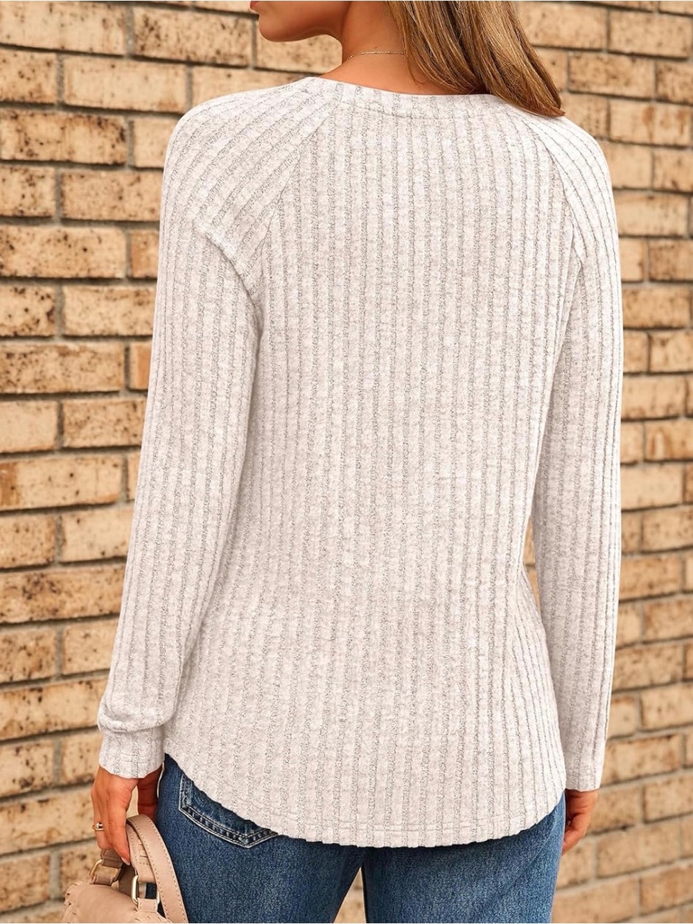 Fantaslook Light Cream gray Ribbed Long-Sleeve Women's Top - Picture 2 of 9